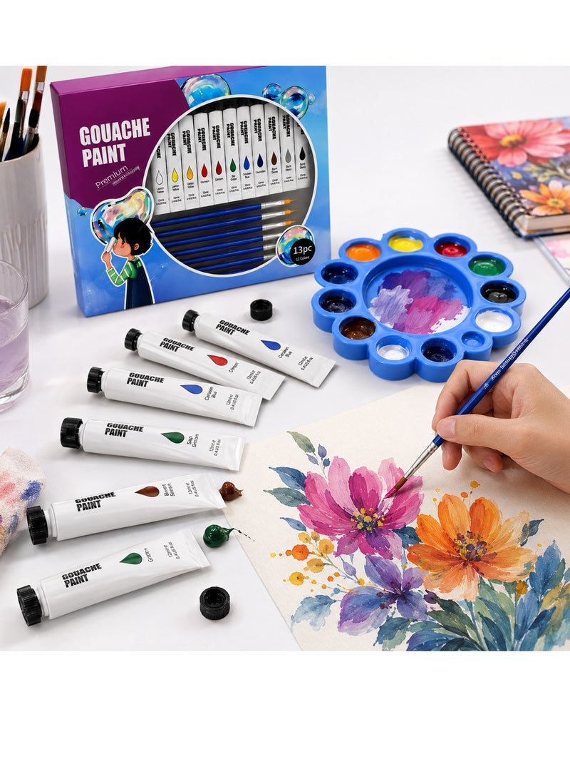 Lukadah 12 Colors Gouache Paint Set with 5 Paint Brushes & Paint Palette, 12ml Artist Paint Tubes, Water-Based Opaque Paint Kit for Canvas, Paper, Wood, Fabric, Sketchbooks, School, Hobby, Students, Beginners & Professional Artists - Image 2