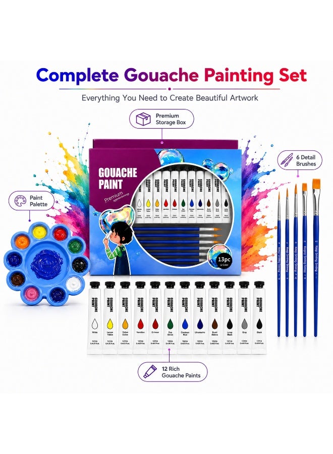 Lukadah 12 Colors Gouache Paint Set with 5 Paint Brushes & Paint Palette, 12ml Artist Paint Tubes, Water-Based Opaque Paint Kit for Canvas, Paper, Wood, Fabric, Sketchbooks, School, Hobby, Students, Beginners & Professional Artists - Image 4