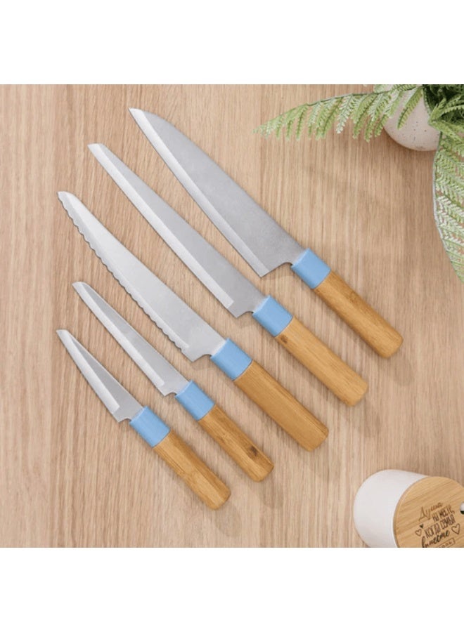 Knife 5-Piece Set Kitchen with Wooden Handles – Essential Chef, Bread, Slicing & Utility Knives – Stylish & Practical Cutlery Set for Everyday Cooking - Image 2