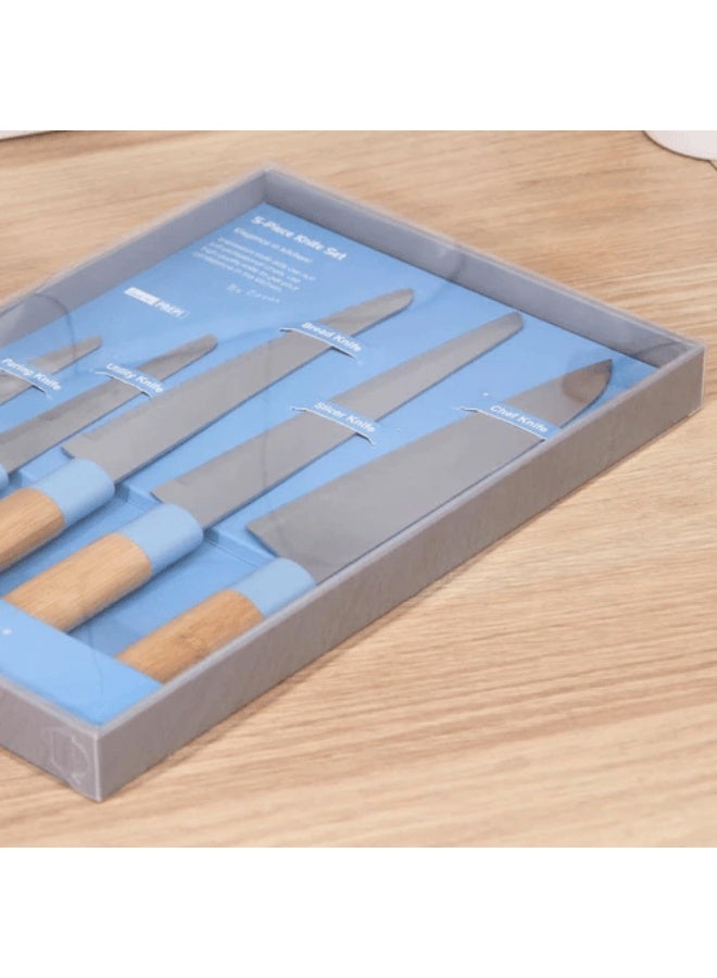 Knife 5-Piece Set Kitchen with Wooden Handles – Essential Chef, Bread, Slicing & Utility Knives – Stylish & Practical Cutlery Set for Everyday Cooking - Image 5