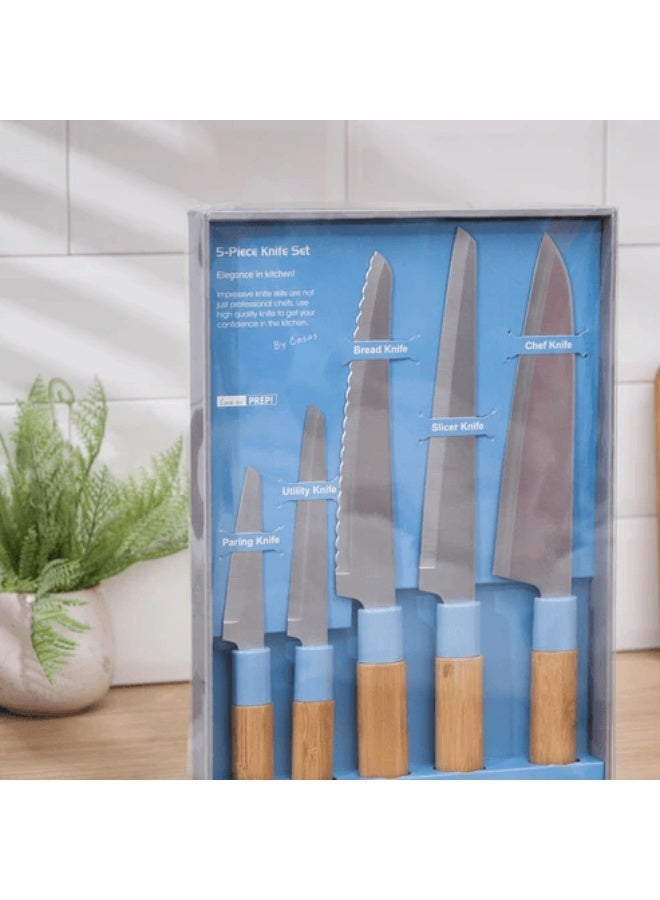 Knife 5-Piece Set Kitchen with Wooden Handles – Essential Chef, Bread, Slicing & Utility Knives – Stylish & Practical Cutlery Set for Everyday Cooking - Image 1