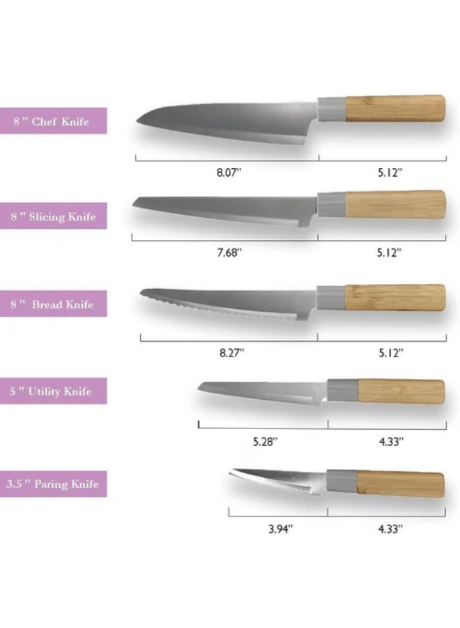 Knife 5-Piece Set Kitchen with Wooden Handles – Essential Chef, Bread, Slicing & Utility Knives – Stylish & Practical Cutlery Set for Everyday Cooking - Image 3