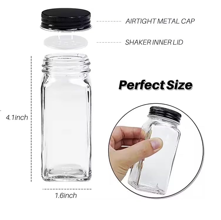 CASADELIGHT Square Glass Spice Jars 120 ml Clear Glass Square Spice Jar Black Sifter Two Sided Sifter Capshaker holespour open and Freshness Seal black 4 - Image 2
