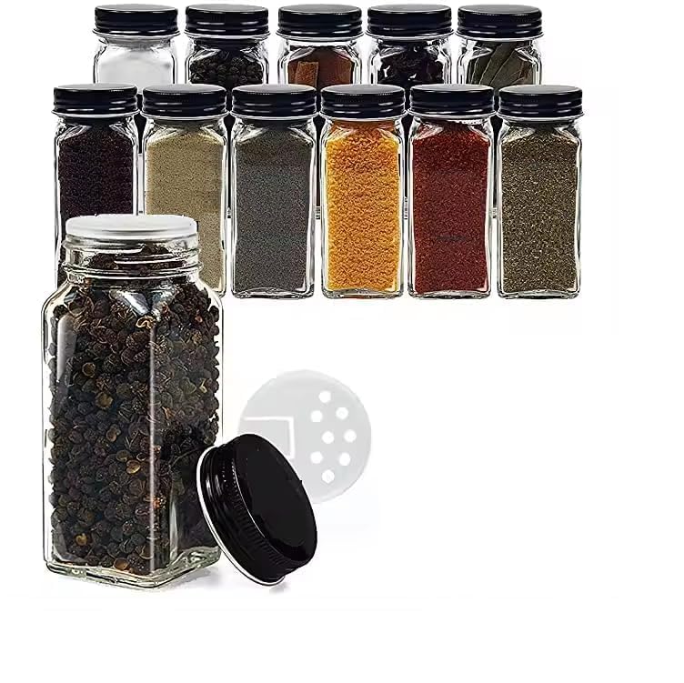 CASADELIGHT Square Glass Spice Jars 120 ml Clear Glass Square Spice Jar Black Sifter Two Sided Sifter Capshaker holespour open and Freshness Seal black 4 - Image 1