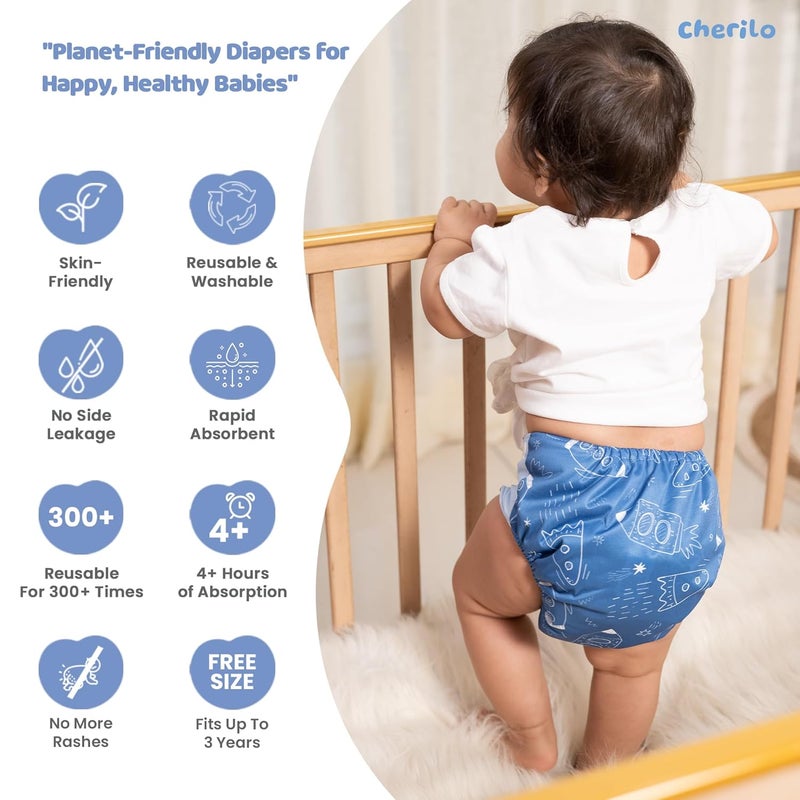 Cherilo Reusable Cloth Diaper for New Born Baby 0 to 3 years, Leakproof, Eco-Friendly Washable Cloth Diapers, No Side Leakage, Adjustable, Free Size Pocket Diaper (1 Galaxy Pattern Diaper + 1 Insert) - Image 3