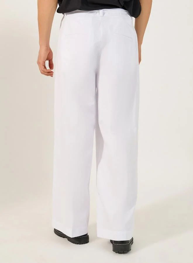 Styli Mid Rise Wide Leg Pleated Trousers with Belt