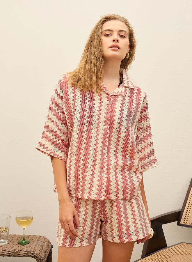 Sassafras Women Red Chevron Printed Short Sleeve Oversized Shirt - Image 5