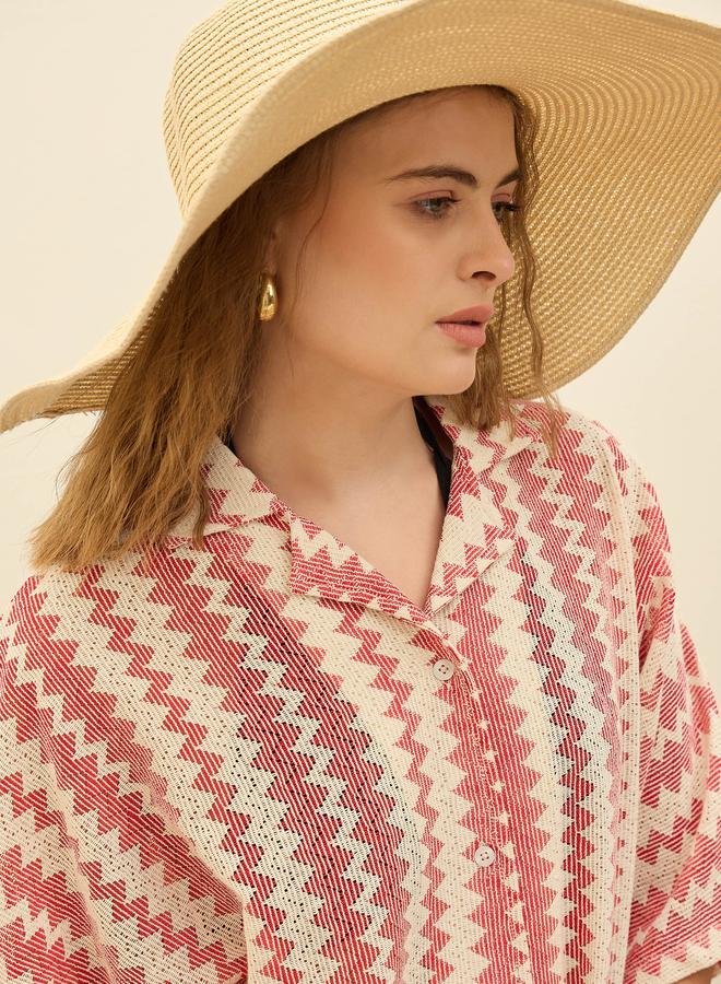 Sassafras Women Red Chevron Printed Short Sleeve Oversized Shirt - Image 4