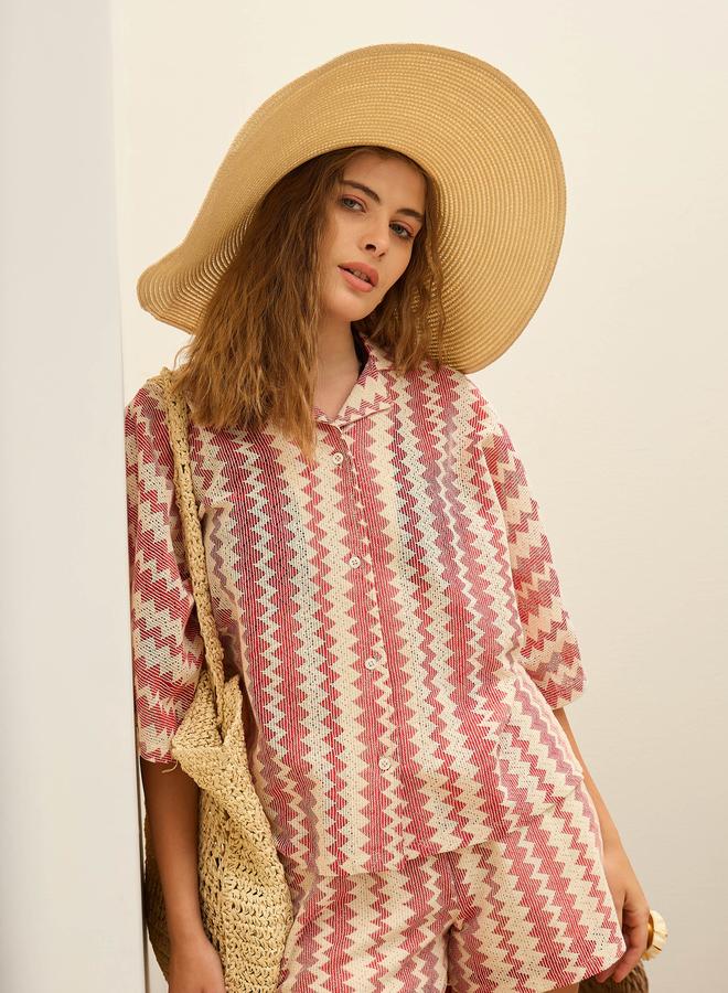 Sassafras Women Red Chevron Printed Short Sleeve Oversized Shirt - Image 1