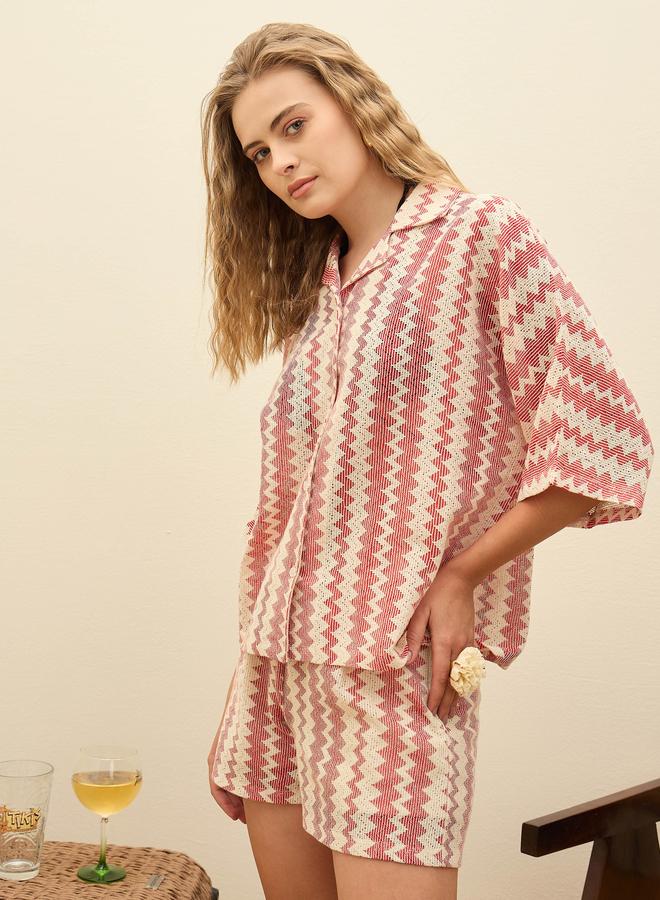 Sassafras Women Red Chevron Printed Short Sleeve Oversized Shirt - Image 3