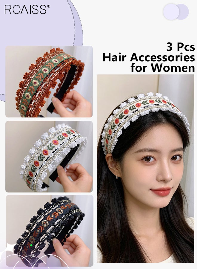 roaiss 3 Pcs Bohemian Embroidered Floral Headband Vintage Ethnic Style Hairband with Tassel Trim Non-Slip Wide Hairband for Daily Wear Vacation Party - Image 1