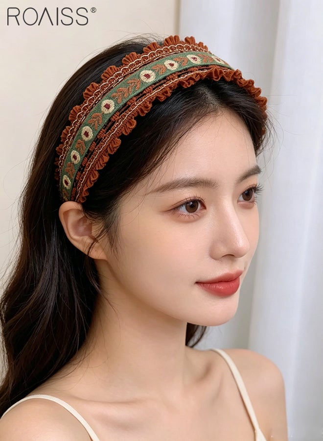 roaiss 3 Pcs Bohemian Embroidered Floral Headband Vintage Ethnic Style Hairband with Tassel Trim Non-Slip Wide Hairband for Daily Wear Vacation Party - Image 2