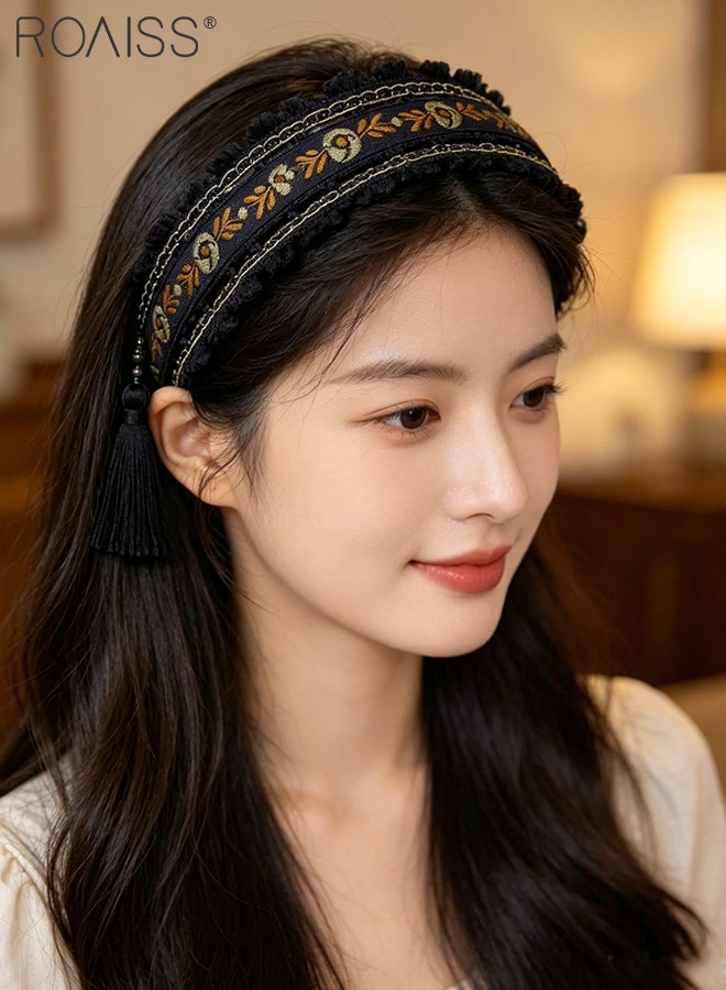 roaiss 3 Pcs Bohemian Embroidered Floral Headband Vintage Ethnic Style Hairband with Tassel Trim Non-Slip Wide Hairband for Daily Wear Vacation Party - Image 3