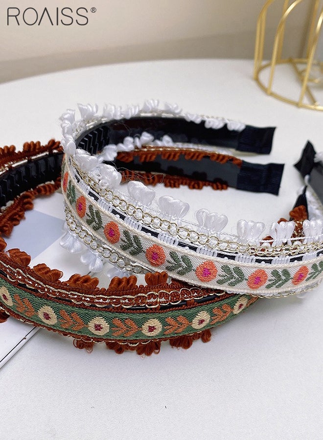 roaiss 3 Pcs Bohemian Embroidered Floral Headband Vintage Ethnic Style Hairband with Tassel Trim Non-Slip Wide Hairband for Daily Wear Vacation Party - Image 5