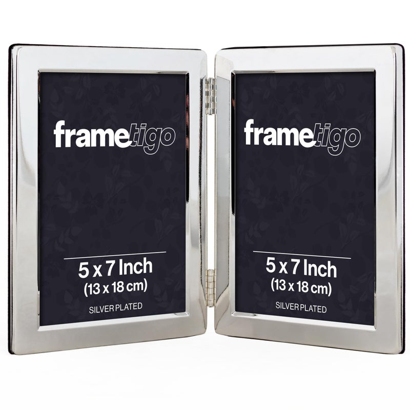 Frametigo  Silver Plated Flat Edge Double Photo Frame 5x7 13x18cm Photo Size  Portrait Orientation  Real Glass Window  Traditional Silver Picture Frames  Tarnish Resistant