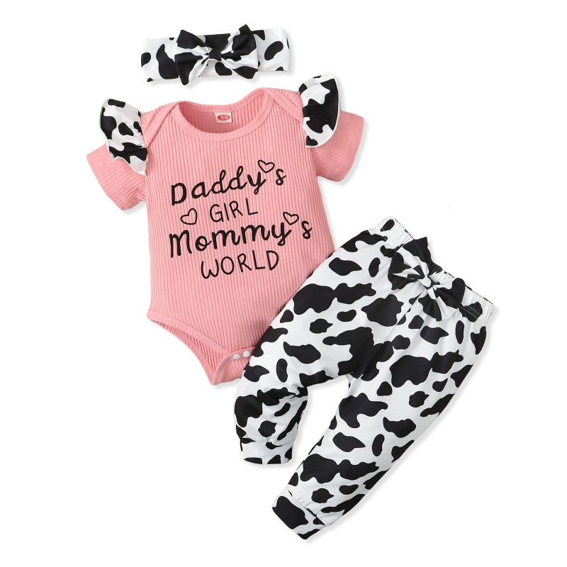 AMAWMW Baby Girl Clothes Set Daddys Little Girl Ruffle Romper Top Camouflage Pants Newborn Infant Baby Girl Outfit, Pink Cow, 3-6 Months - Image 1