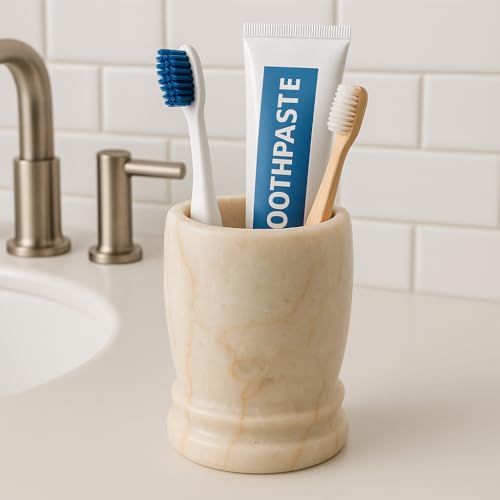 Creative Home Natural Java Marble Toothbrush Tumbler 3.3" x 4.5" | Solid Carved Stone Cup for Bathroom Sink, Vanity, Makeup Brushes, Razors | Elegant Gift and Spa-Inspired Countertop Organizer - Image 2