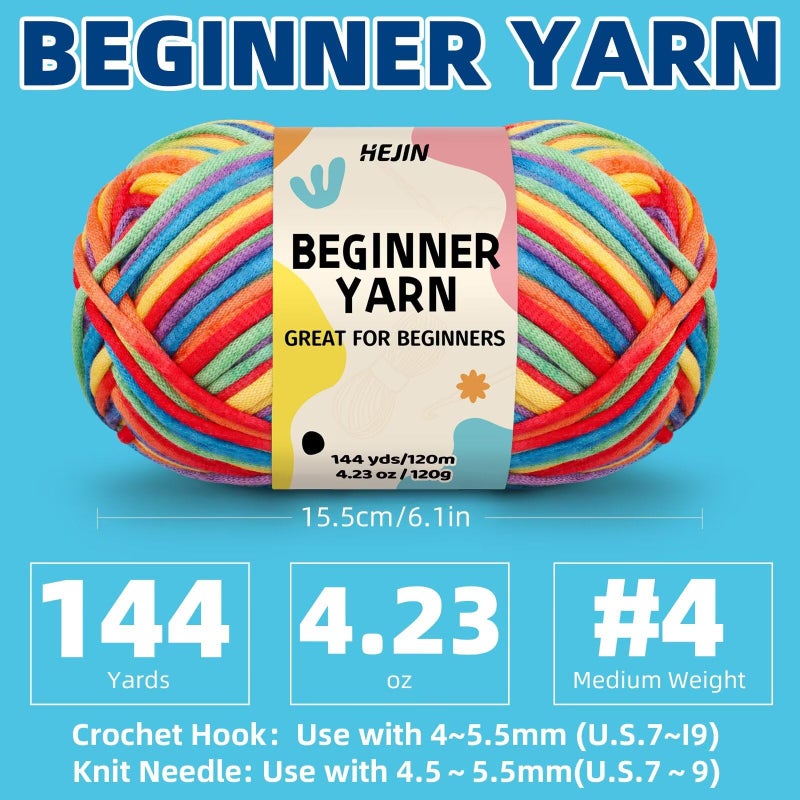 HEJIN 120g Coral Yarn for Crocheting and Knitting; Rainbow Yarn for Beginners with Easy-to-See Stitches;Worsted-Weight Medium #4 for Beginners Crochet Kit Making - Image 2