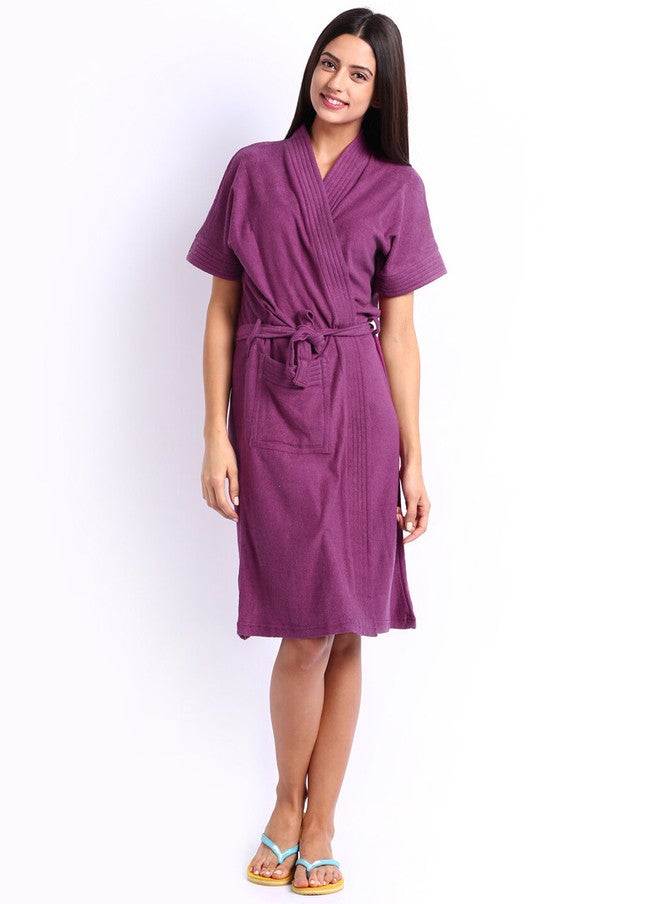 Red Rose RedRose Purple Solid Cotton Drawstring Knee Length Bath Robe - XL - Image 1