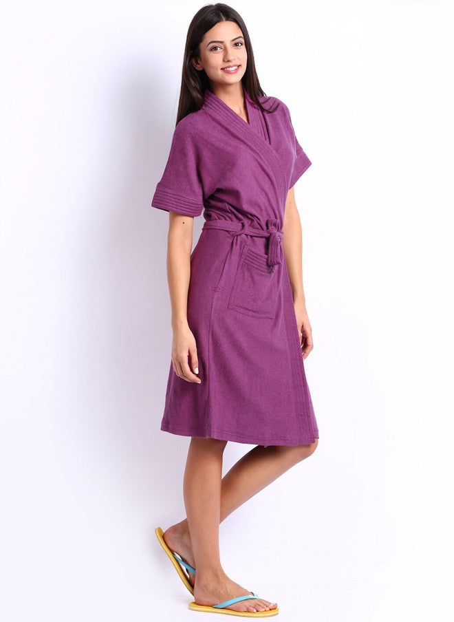 Red Rose RedRose Purple Solid Cotton Drawstring Knee Length Bath Robe - XL - Image 3
