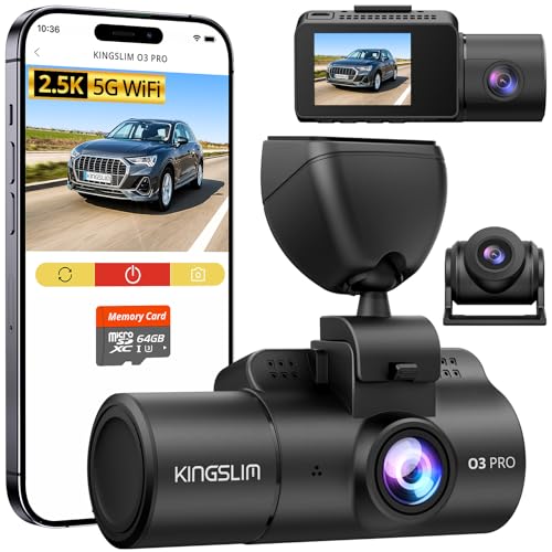 Kingslim كاميرا داش كيم 3 قنوات 5G واي فاي مع بطاقة 64 جيجابايت، 2.5K/1080P أمامية وخلفية داخلية، كاميرا داش ثلاثية 2.5K/1080P/1080P للسيارات مع رؤية ليلية بالأشعة تحت الحمراء، تسجيل متكرر، تحكم عبر التطبيق (O3PRO) - Image 1