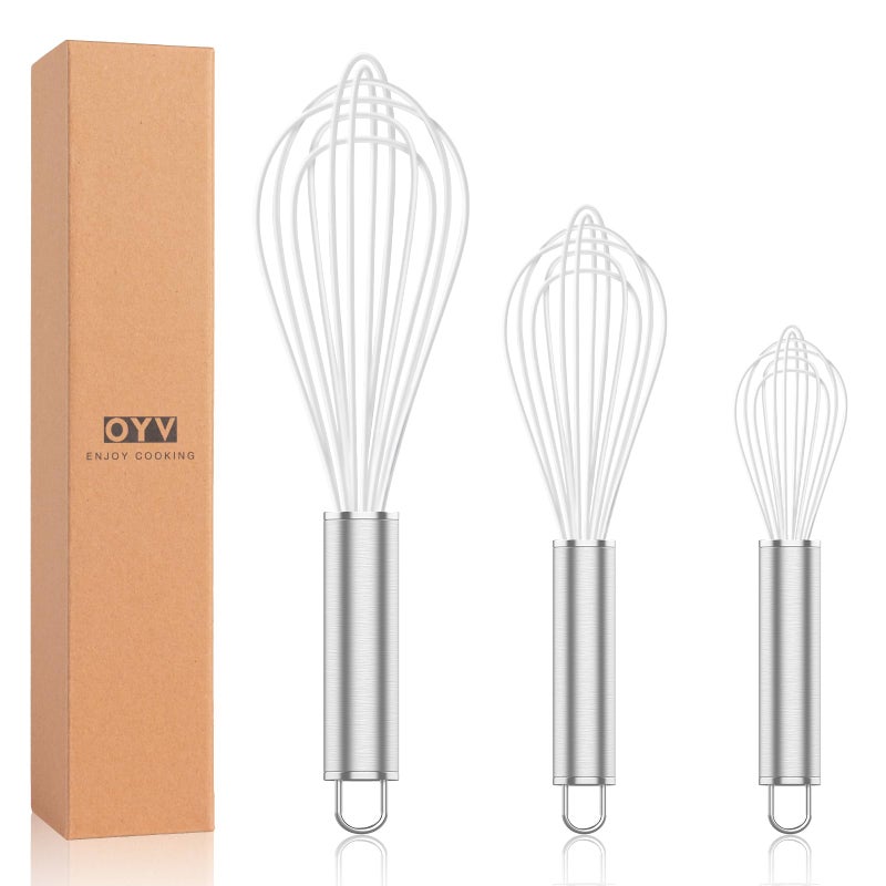 OYV White Silicone Whisk, Professional Whisks For Cooking Non-Scratch, Stainless Steel & Silicone Wisk, Plastic Rubber Whisk Tool For Nonstick Cookware Pans, BPA free, Silicon Wisks Set of 3 - Image 1
