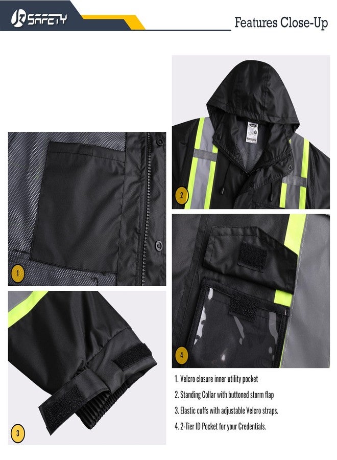 JKSafety سترة وبنطال مطر عاكسان عاليان الوضوح من JKSafety للرجال والنساء، ملابس مطر مقاومة للماء للعمل الزراعي وصيد الأسماك، بدلة مطر عالية الوضوح مع بطانة شبكية داخلية وجيوب (117-أسود XXL) - Image 4