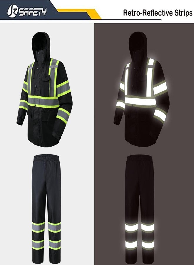 JKSafety سترة وبنطال مطر عاكسان عاليان الوضوح من JKSafety للرجال والنساء، ملابس مطر مقاومة للماء للعمل الزراعي وصيد الأسماك، بدلة مطر عالية الوضوح مع بطانة شبكية داخلية وجيوب (117-أسود XXL) - Image 2
