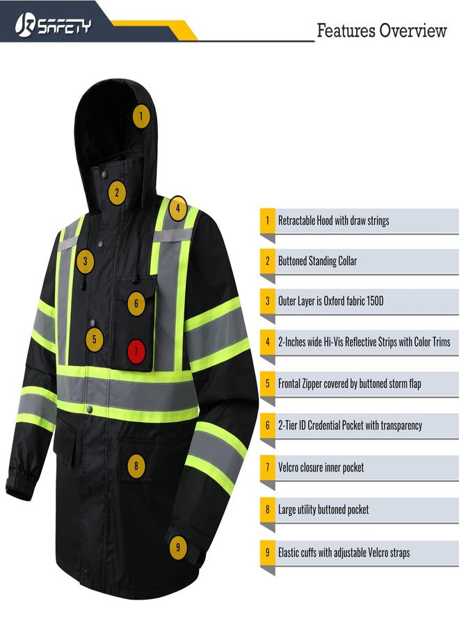 JKSafety سترة وبنطال مطر عاكسان عاليان الوضوح من JKSafety للرجال والنساء، ملابس مطر مقاومة للماء للعمل الزراعي وصيد الأسماك، بدلة مطر عالية الوضوح مع بطانة شبكية داخلية وجيوب (117-أسود XXL) - Image 5