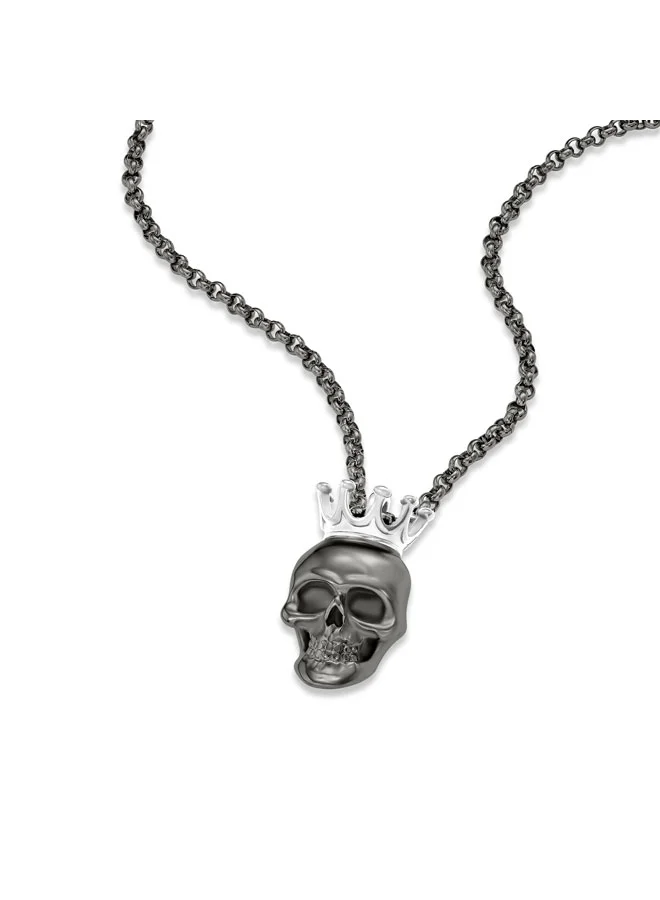 POLICE Iconic Skull Necklace  Greymetal Skull Motif with Stainless Steel Crown, Bold Statement Design