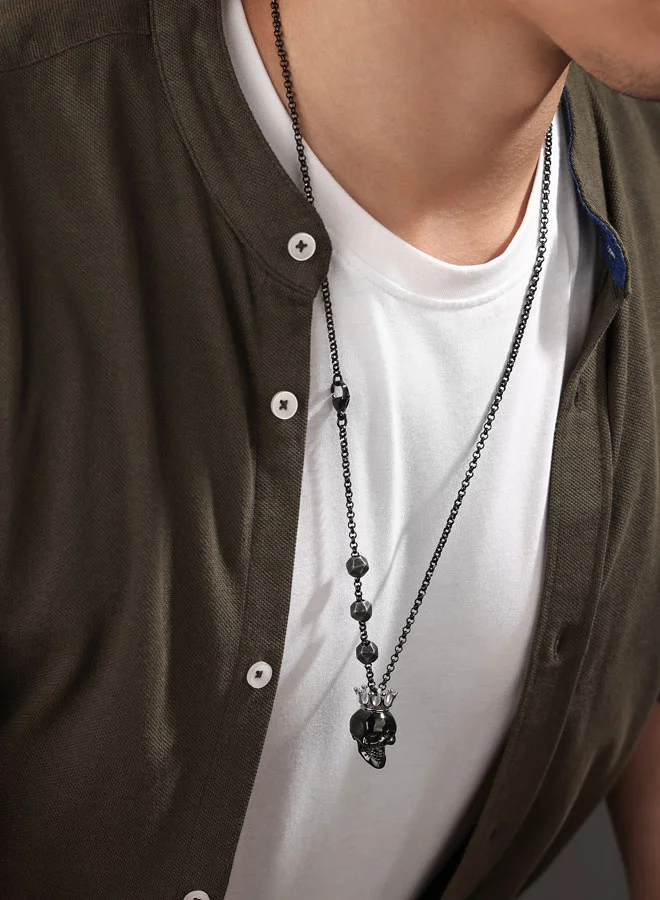 POLICE Iconic Skull Necklace  Greymetal Skull Motif with Stainless Steel Crown, Bold Statement Design