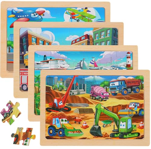 OSBOO Wooden Puzzles for Kids Ages 46 24 Piece Vehicle Car Construction Jigsaw Puzzles 4 Packs Preschool Toddlers Learning Activity Puzzles Toys for Boys Girls 3 4 5 6 Years Old - Image 1