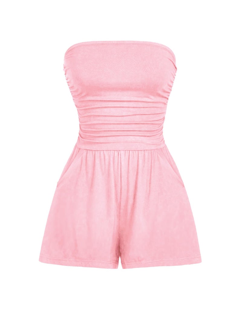 AUXDIO Women Summer Casual Strapless Romper Sleeveless Off Shoulder Short Jumpsuits 2026 Beach Vacation Clothes Pink Large - Image 1