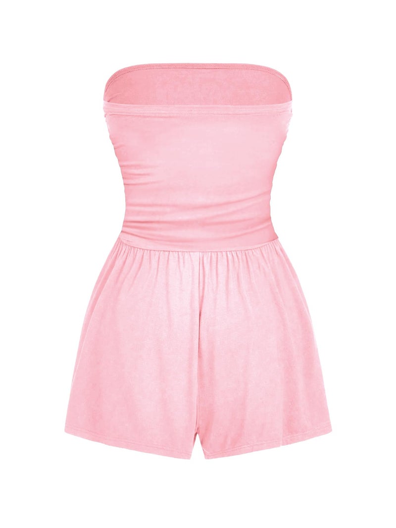 AUXDIO Women Summer Casual Strapless Romper Sleeveless Off Shoulder Short Jumpsuits 2026 Beach Vacation Clothes Pink Large - Image 2