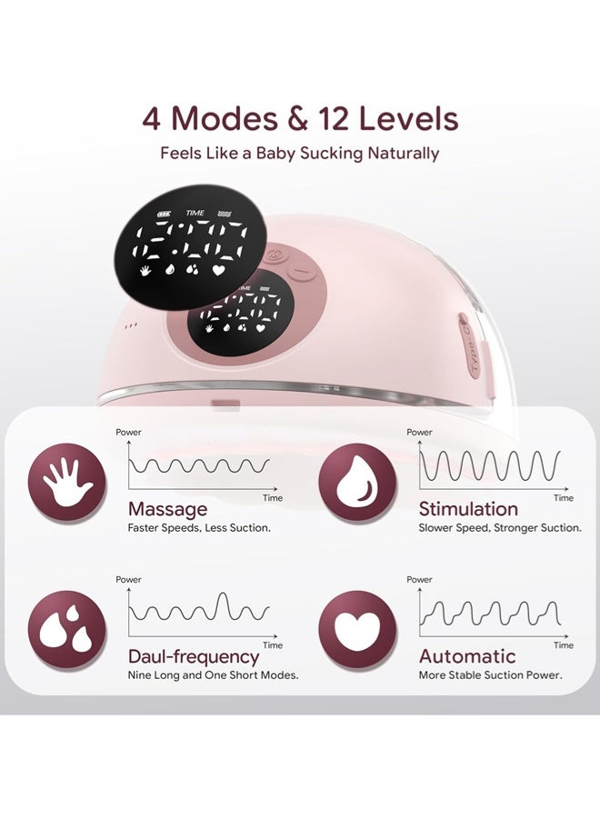 Jccgoo Breast Pump Electric Wearable, Baby Electric Breast Milk Pump, LED Display with 4 Modes &12 Levels, Wearable Breastfeeding Pump of Baby Heated Dustproof Base, Automatic Voice Prompts, Memory Function, 2 Pack Pink - Image 3