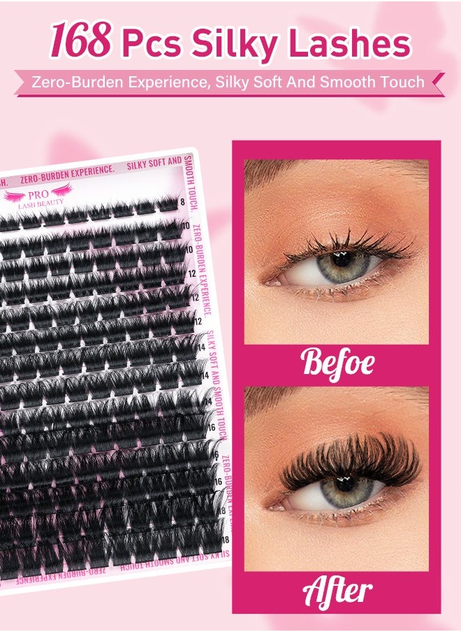 PRO LASHBEAUTY - Lash Extension Kit 168 Pcs Soft Cluster Lashes with Lash Bond and Seal Lash Remover Lash Applicator Easy to Apply at Home(Considerate,D-8-18mix Kit) - Image 1