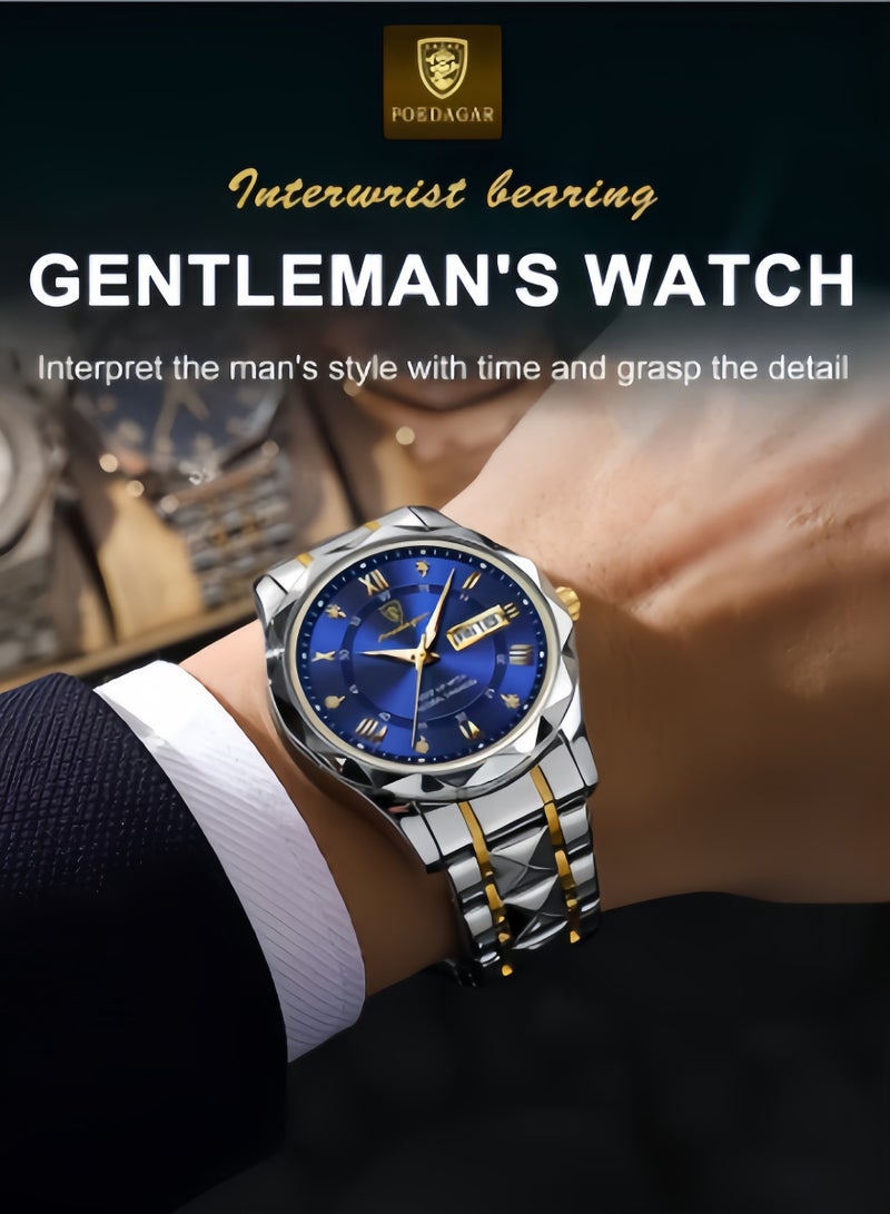 POEDAGAR Male Wrist Watches, Luminous Pointer, Men’s Watch Analog Quartz Movement, Stainless Steel, Waterproof, Apply to Luxury Dress Business, Big Face Rome Number Diamond Dial - Image 4