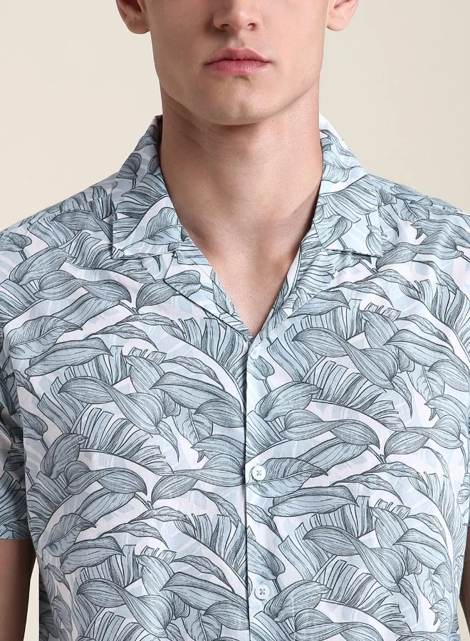 Dennis Lingo White Slim Fit 100% Cotton Printed Shirt for Men - Cuban Collar, Half Sleeves, Casual,