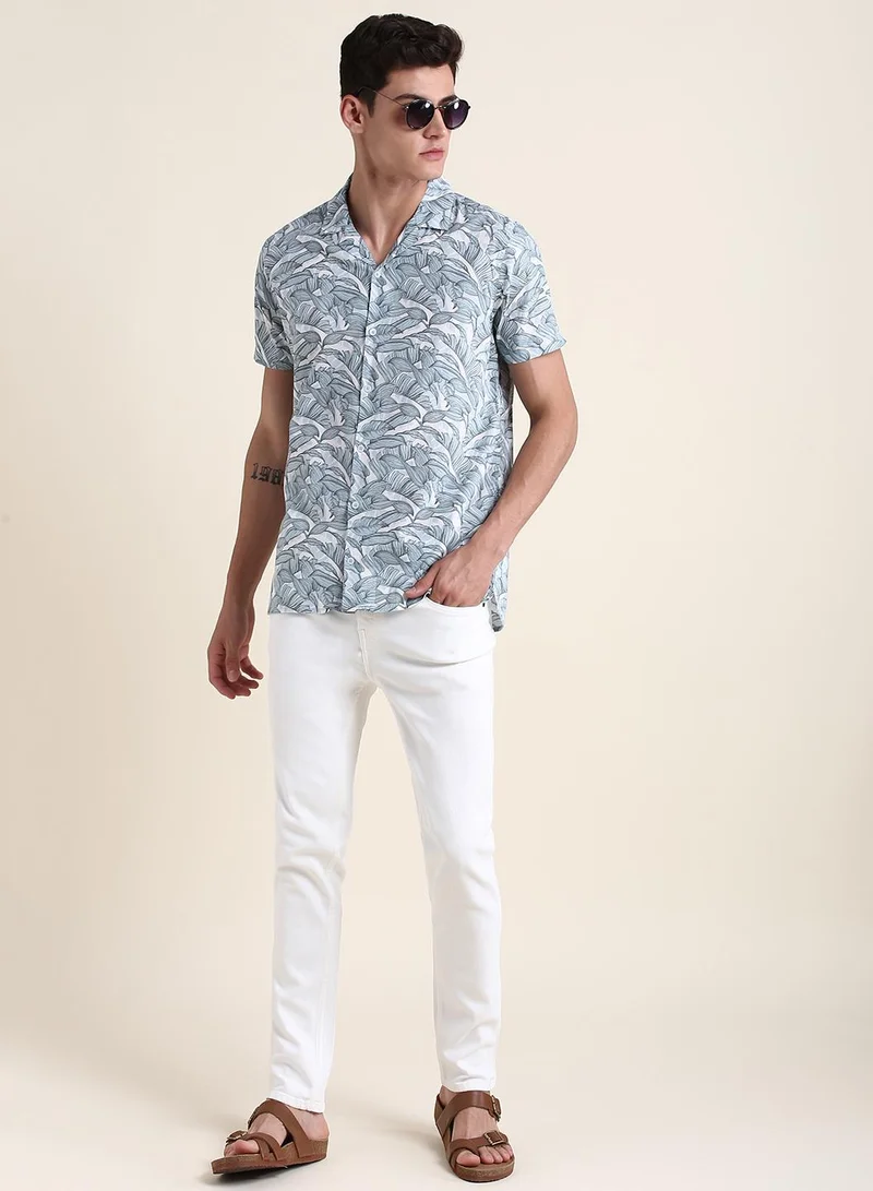 Dennis Lingo White Slim Fit 100% Cotton Printed Shirt for Men - Cuban Collar, Half Sleeves, Casual,