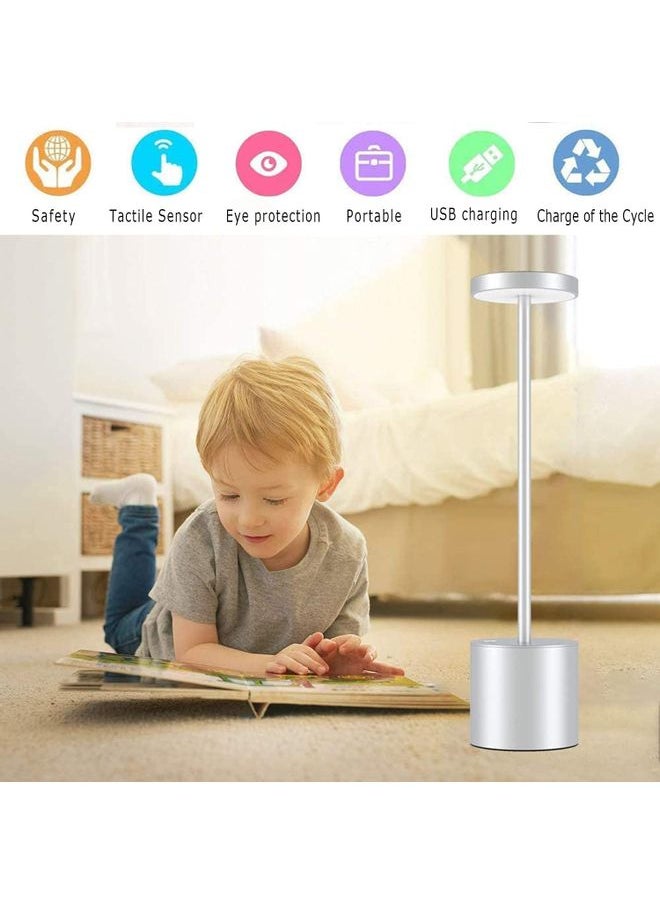 Kenzs - Rechargeable Cordless Table Lamp Outdoor Portable Battery Operated Desk Lamps 2-Levels Brightness Powered Small Night Light for Restaurant/Kids Room/Living/Camping/Home Silver 34 x 8cm - Image 1