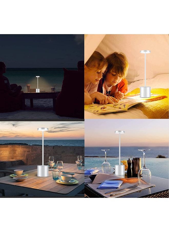 Kenzs - Rechargeable Cordless Table Lamp Outdoor Portable Battery Operated Desk Lamps 2-Levels Brightness Powered Small Night Light for Restaurant/Kids Room/Living/Camping/Home Silver 34 x 8cm - Image 1