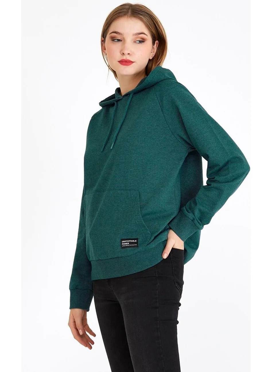 mmetalic Women's Green Hooded Basic Knitted Sweatshirt