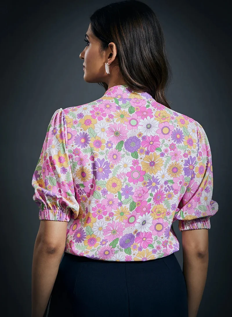 Zigzag High Neck Three Quarter Sleeve Printed Formal Top