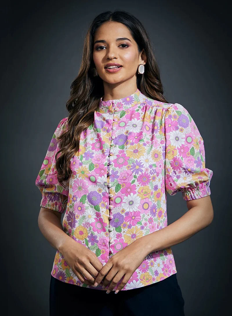 Zigzag High Neck Three Quarter Sleeve Printed Formal Top