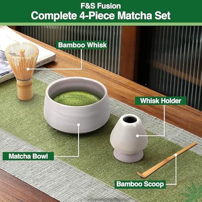 Unity Traditional Japanese Matcha Tea Ceremony Set With Ceramic Bowl Whisk Stand And Bamboo Scoop  Made With Natural Bamboo And Premium Quality Ceramic  Japanese 4 Pieces Set  White - Image 4