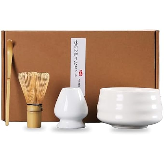 Unity Traditional Japanese Matcha Tea Ceremony Set With Ceramic Bowl Whisk Stand And Bamboo Scoop  Made With Natural Bamboo And Premium Quality Ceramic  Japanese 4 Pieces Set  White - Image 1