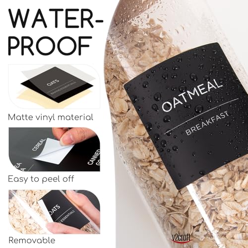 v2croft 168 Pantry Labels for Food Containers, Minimalist Black Matte Stickers White Fine Line Text,Preprinted Waterproof Label for Glass Jars, Bottles & Canisters,Pantry Organization Storage - Image 3