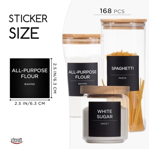 v2croft 168 Pantry Labels for Food Containers, Minimalist Black Matte Stickers White Fine Line Text,Preprinted Waterproof Label for Glass Jars, Bottles & Canisters,Pantry Organization Storage - Image 2