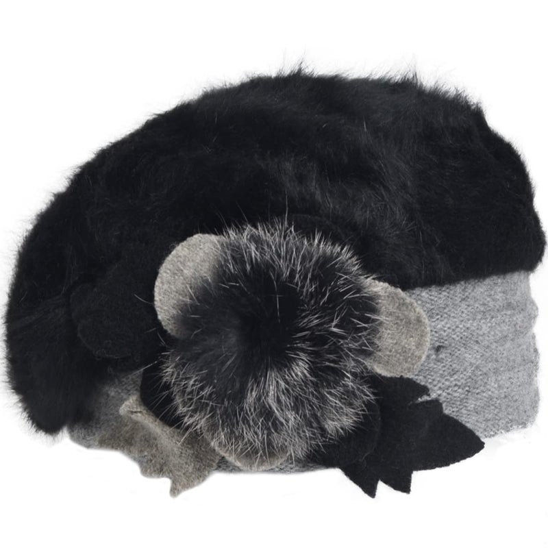 VECRY Lady French Beret 100% Wool Beret Floral Dress Beanie Winter Hat (Floral-Black) - Image 2