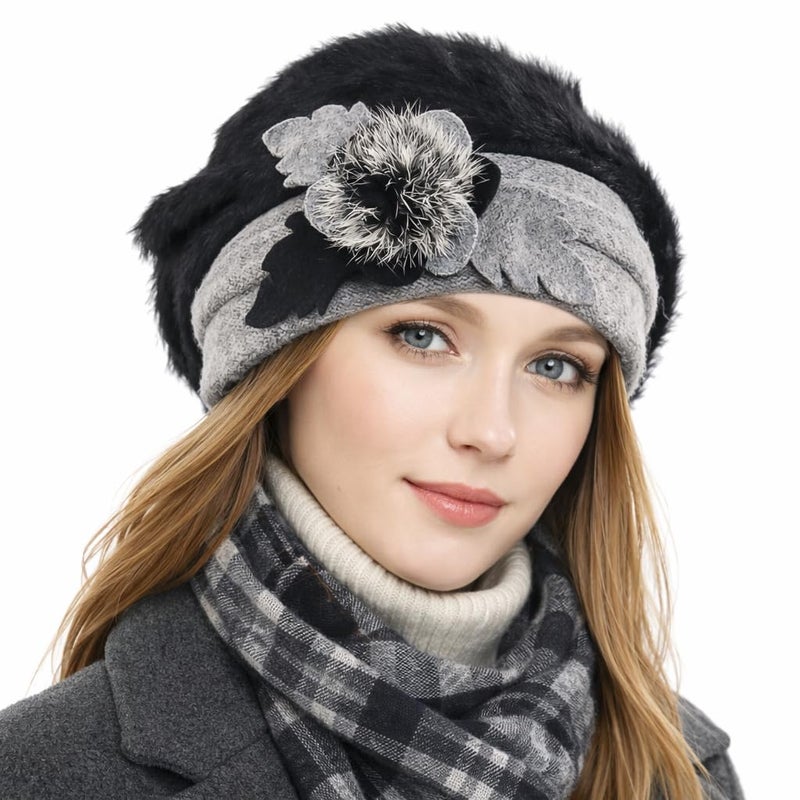 VECRY Lady French Beret 100% Wool Beret Floral Dress Beanie Winter Hat (Floral-Black) - Image 5
